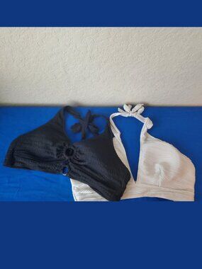 Lot of 2 Halter Bikini Tops 2XL Black Crochet O-Ring White Ribbed Pleated Swim